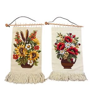 Mid Century Modern Floral Needlepoint Wall Hanging Boho Set 2 Handmade‎ Vintage
